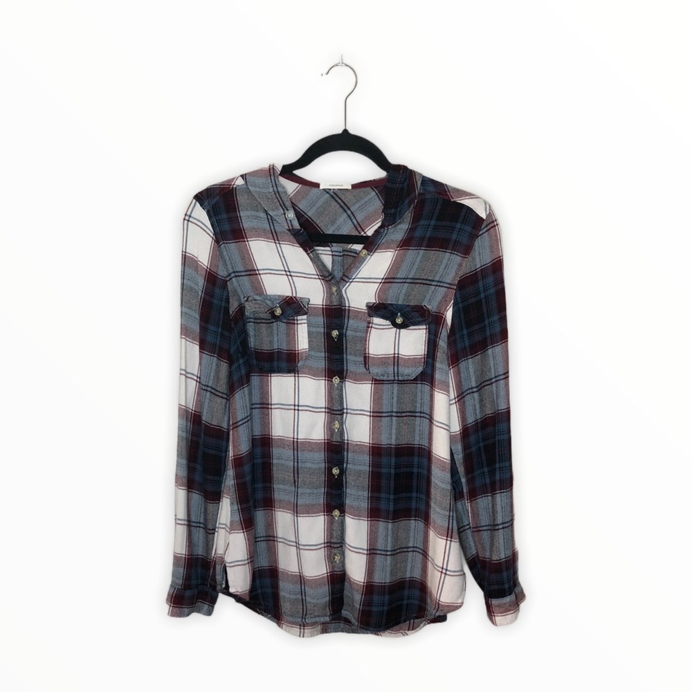 Maurices Maroon Navy Plaid Hooded Flannel Sz S